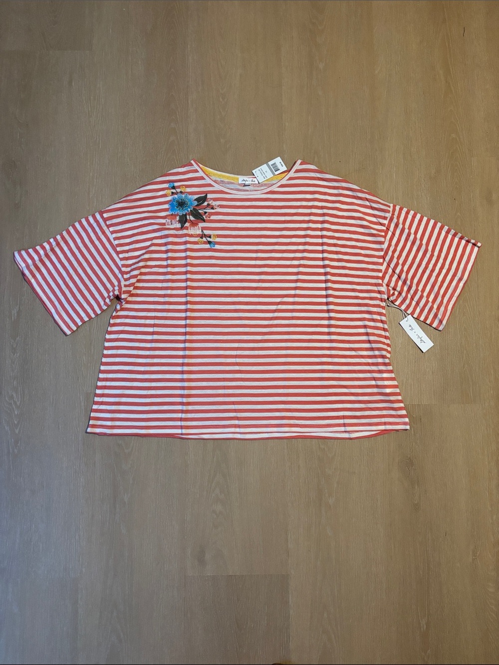 NWT Skylar & Jade Striped Boxy Tee with Floral Embroidery size 1X